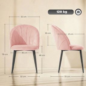 Set 2 Sedie da Pranzo Imbottite 52x55x79 cm con Schienale a Conchiglia in Velluto Rosa...