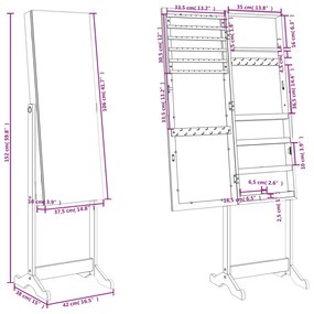 Armadio Portagioie Specchio Autoportante Bianco 42x38x152 cm