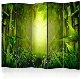 Paravento Fate del Bosco II - Paesaggio verde di una foresta di bambù con luce