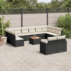 Set divani da giardino 13pz con cuscini nero in polyrattan