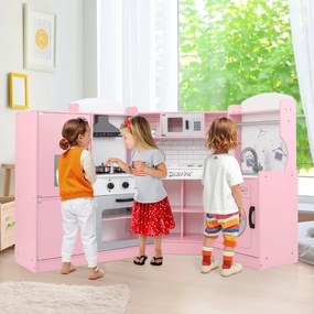 Costway Cucina giocattolo d'angolo per bambini con macchina di ghiaccio, Cucina giocattolo con microonde e forno 2 Colori