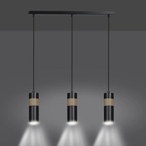 Lampadario 3 Luci Change In Acciaio Nero A Cilindro Con Legno Naturale