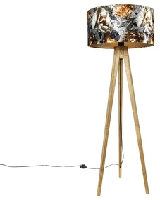 Lampada da terra vintage con paralume in legno con motivo floreale 50 cm - Tripod Classic