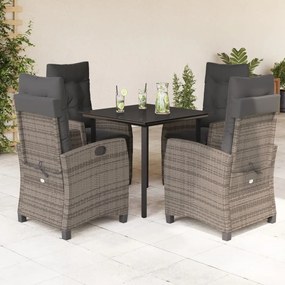 Set da pranzo da giardino 5 pz con cuscini in polyrattan grigio