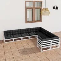 Set Divani da Giardino 9 pz con Cuscini Massello di Pino Bianco 3077035