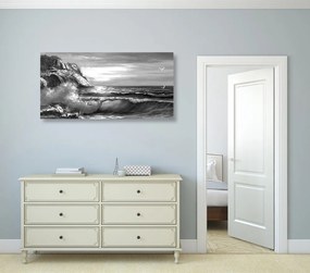 Quadro su tela – Onde marine sulla costa in bianco e nero