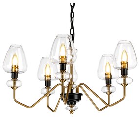 Lampadario Armand Acciaio Ottone Antico Nero Carbone Vetro Nero 5 Luci E14