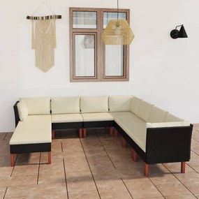 Set divani da giardino 9 pz con cuscini in polyrattan nero