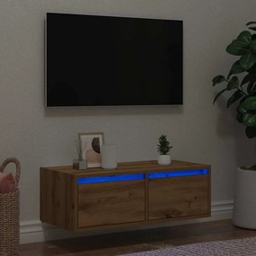 Mobile Porta Tv Con Luci Led Rovere Artigianale 75x35,5x25 Cm /