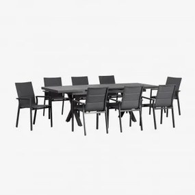 Set Tavolo Rettangolare Allungabile (180-240x90 Cm) E 8 Sedie Da Giardino Impilabili In Alluminio Karena Grigio Grafite - Sklum