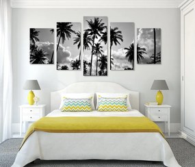 Quadri 5 pezzi – Palme da cocco sulla spiaggia in bianco e nero