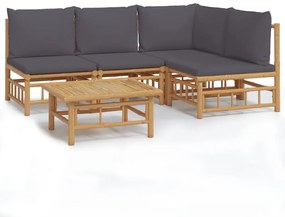 Set salotto da giardino 5pz con cuscini grigio scuro bambù