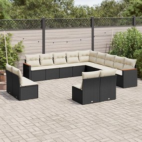 Set divani da giardino 13pz con cuscini nero in polyrattan