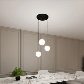 Sospensione Contemporanea Nuada 3 Luci In Acciaio Nero/Oro Sfere Vetro Bianco