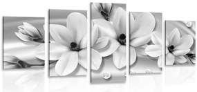 Quadri 5 pezzi – Magnolia di lusso con perle in bianco e nero