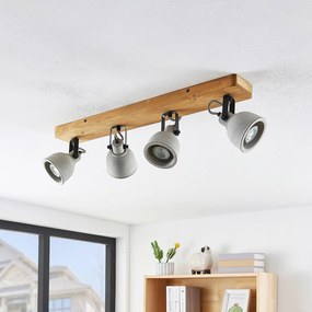 Lindby Faretto Mitis, 70 cm, a 4 luci, grigio, legno, cemento, GU10 Mitis Lindby, dimmerabile, Legno scuro, Soggiorno / Sala da pranzo, Legno, Industriale, Faretto