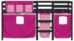 Letto a soppalco con tende bambini rosa 80x200 cm massello pino