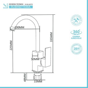 Miscelatore cucina quadro in acciaio inox con corpo orientabile