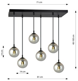 Sospensione Moderna 6 Luci Cosmo In Acciaio Nero E Sfere In Vetro Fumè