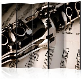 Paravento Clarinetto e Note II (5 parti) - strumento musicale su sfondo di carta