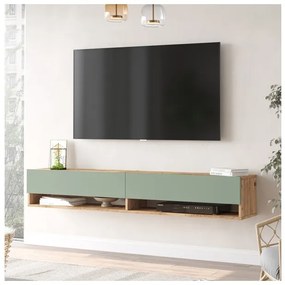 Mobile Tv Sospeso 180x32x30 Effetto Legno Rovere E Verde Con Vani Frame