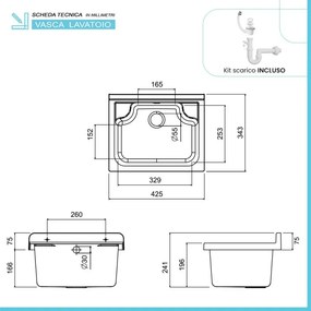 Lavatoio a muro 42x34 cm in resina bianca completo di kit di scarico