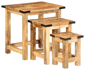 Tavolini A Incastro 3 Pz İn Legno Massello Grezzo Di Mango /