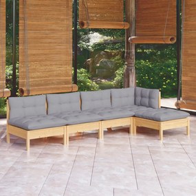 Set divani da giardino 5 pz con cuscini grigi massello di pino