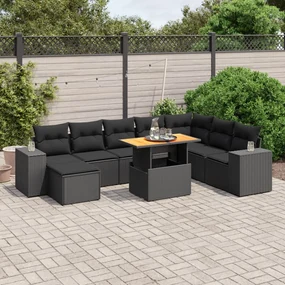 Set divani da giardino 9 pz con cuscini nero in polyrattan