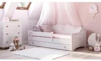 Letto singolo per bambini decorato, Lettino decorato con protezione anticaduta per cameretta, cm 164x85h70, colore Bianco e Rosa