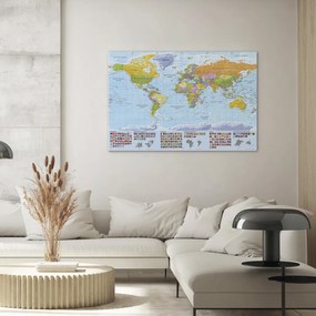 Quadro moderno Mondo: Mappa colorata - bandiere su mappa del mondo