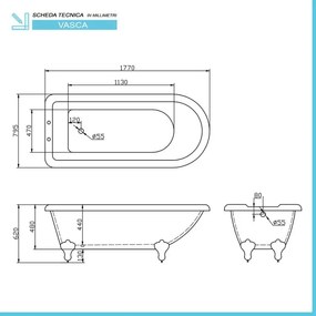 Vasca da bagno freestanding classica 177x79,5 Piedini cromo a zampa daquila regolabili Ann