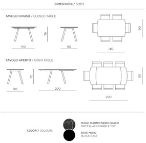 Tavolo allungabile 200 cm BUD con base metallo e piano effetto Marmo Nero