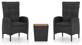 Set da bistrot per giardino 3 pz in polyrattan e acacia nero