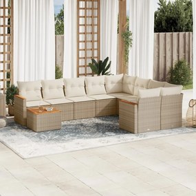 Set Divano da Giardino 10 pz con Cuscini Beige in Polyrattan