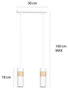 Lampadario 2 Luci Akari In Acciaio Bianco A Cilindro Con Legno Naturale