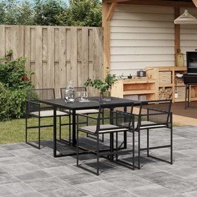 Set da pranzo da giardino 5 pz nero con cuscini in polyrattan