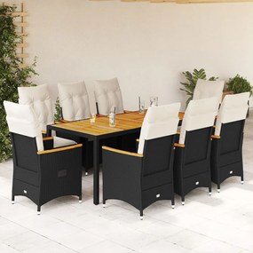 Set da pranzo da giardino 9 pz con cuscini nero in polyrattan