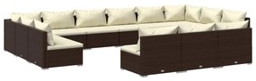 Set divani da giardino 13 pz con cuscini in polyrattan marrone