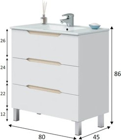 Mobile Da Bagno 80 Cm 3 Cassetti Con Piedini E Lavabo In Ceramica Lea Bianco Lucido