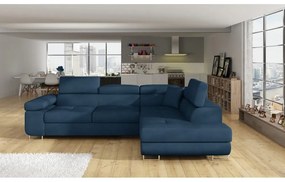 Divano angolare blu allungabile/con contenitore (con penisola a destra/a L) e rivestimento in velluto Anton – ELTAP