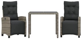 Set da pranzo da giardino 3 pz con cuscini in polyrattan grigio