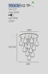 Sosp. cromo 12 luci tonda vetri piccoli trasparente 1193cr-s12 tp-tr