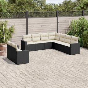 Set divani da giardino 9 pz con cuscini nero in polyrattan