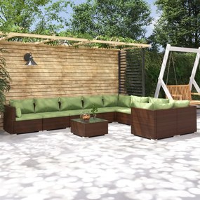 Set divani da giardino 10 pz con cuscini in polyrattan marrone