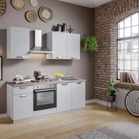 Cucina montata Dora bianco spatolato, lavello a destra, L 195 cm, completa di: cappa a camino, piano cottura a gas e forno