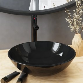 Lavandino Bagno Con Rubinetto E Piletta İn Vetro Temperato Nero /