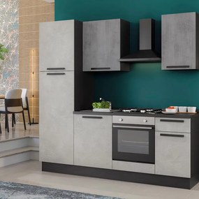 Cucina montata Dora bianco e grigio chiaro, lavello a destra , L 225 cm, completa di: cappa a camino, piano cottura a gas, forno e frigorifero