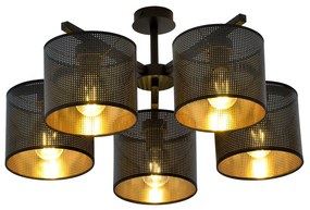 Plafoniera Industrial 5 Luci Cigno In Acciaio Nero E Paralumi A Cilindro Oro