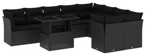 Set divani da giardino 10pz con cuscini in polyrattan nero